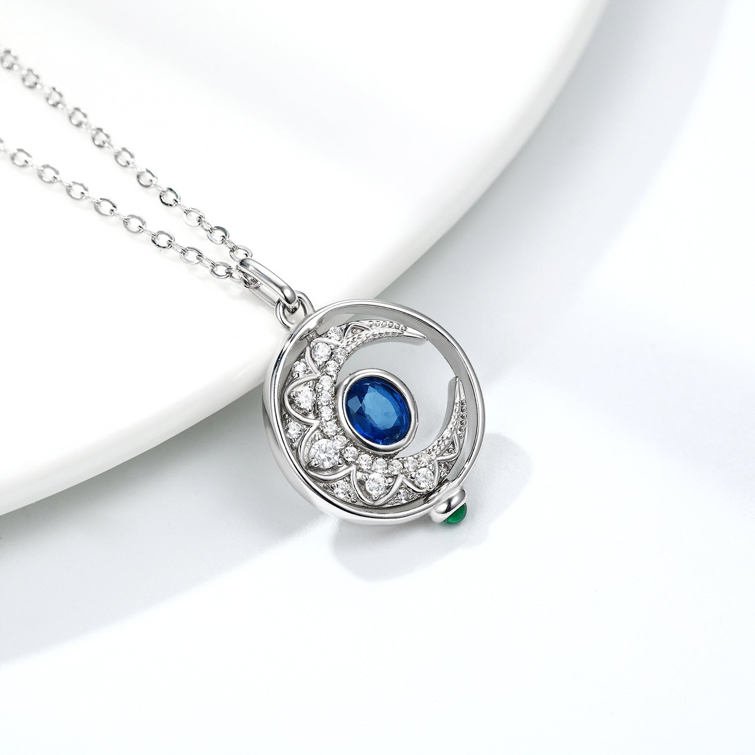Lunar Sapphire – 925 Silver Platinum Gold Rotating Moon Natural Sapphire Luxury Necklace