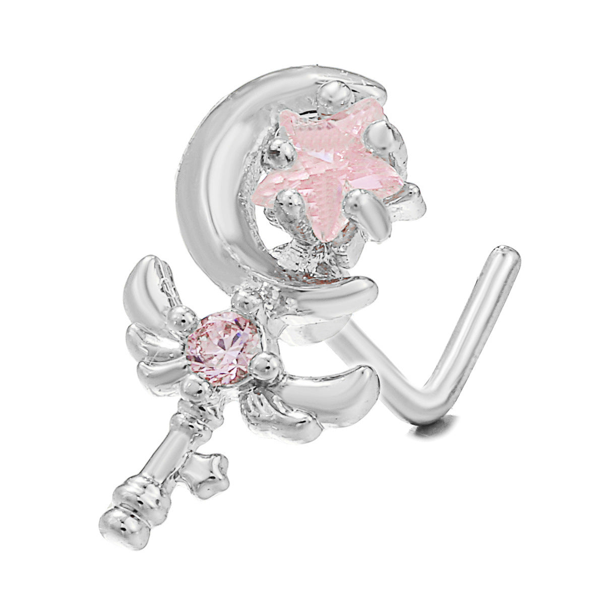 18K Zircon Nose Stud | Luxury Geometric Piercing | Gold, Silver & Pink