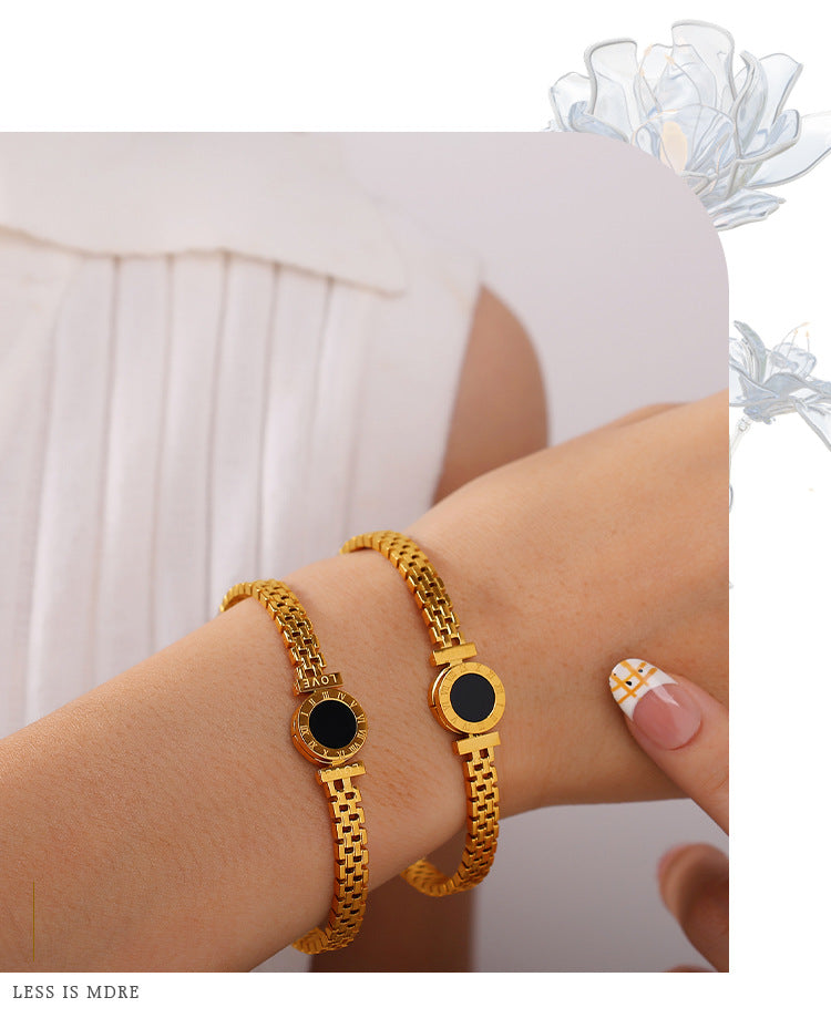 Gold Roman Numeral Black Disc Love Engraved Luxury Bracelet