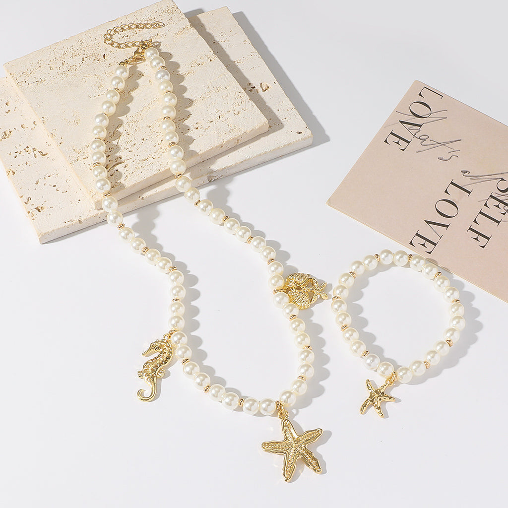 Pearl Chain Shell Necklace & Starfish Bracelet Set | Luxury Ocean-Inspired Jewelry