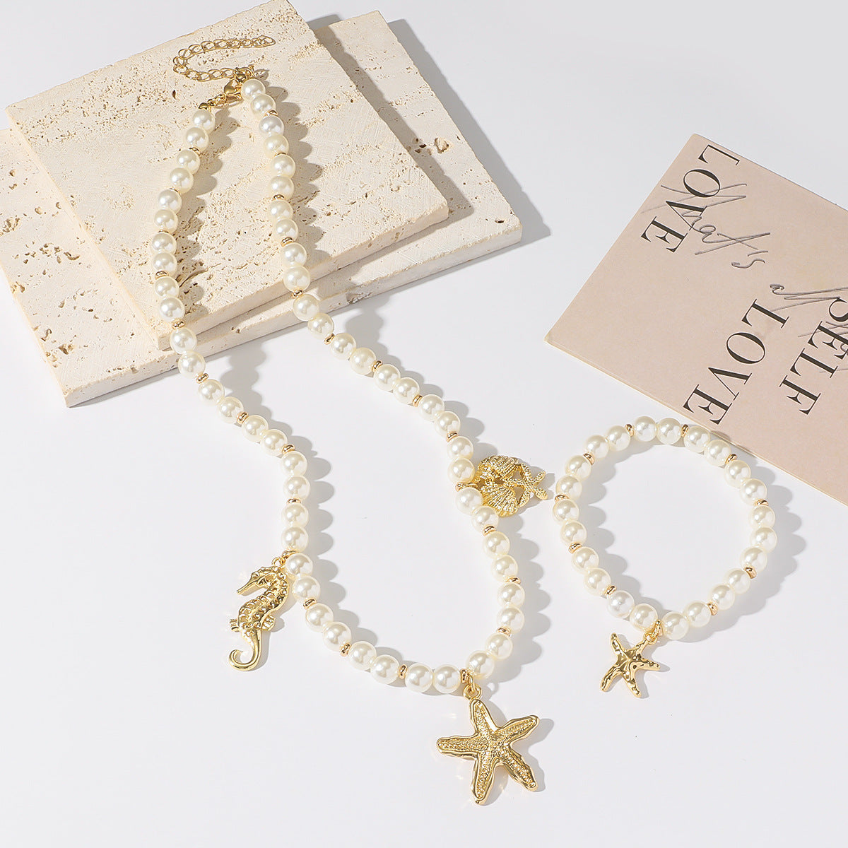 Pearl Chain Shell Necklace & Starfish Bracelet Set | Luxury Ocean-Inspired Jewelry