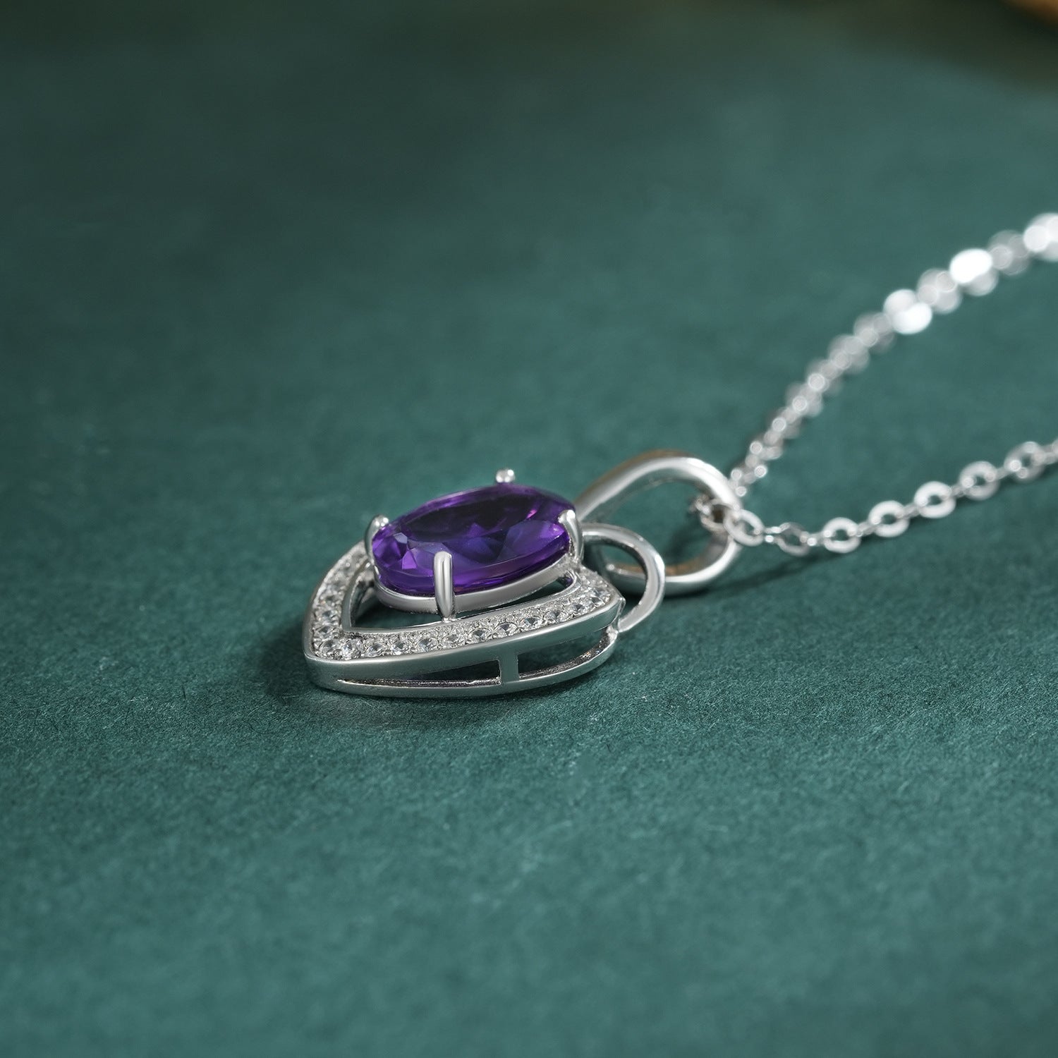 925 Sterling Silver Natural Amethyst Heart Shaped Luxury Pendant Necklace