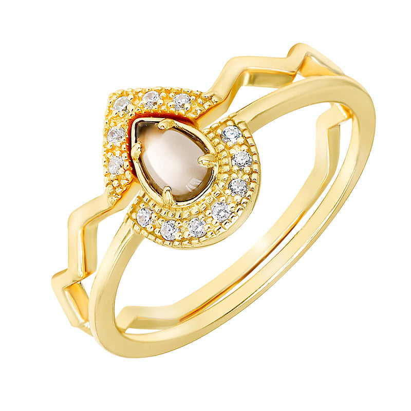 Tea Crystal Teardrop Silver Ring | S925 Silver & 14K Gold