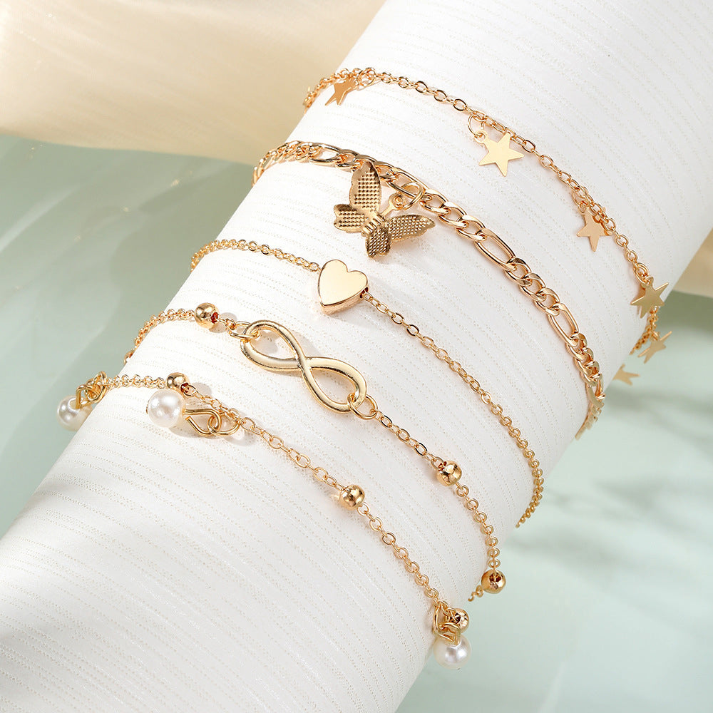 Luxury Butterfly & Pearl Anklet Set | 4-Piece Multi-Layer | Women's Jewellery