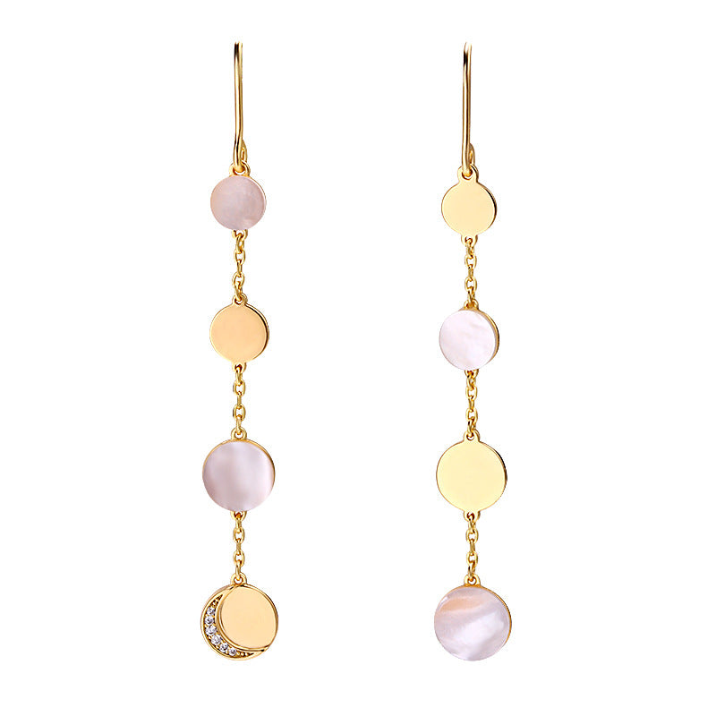 Shell Moon – Sterling Silver White Shell Asymmetric Tassel Luxury Ear Hook Earrings