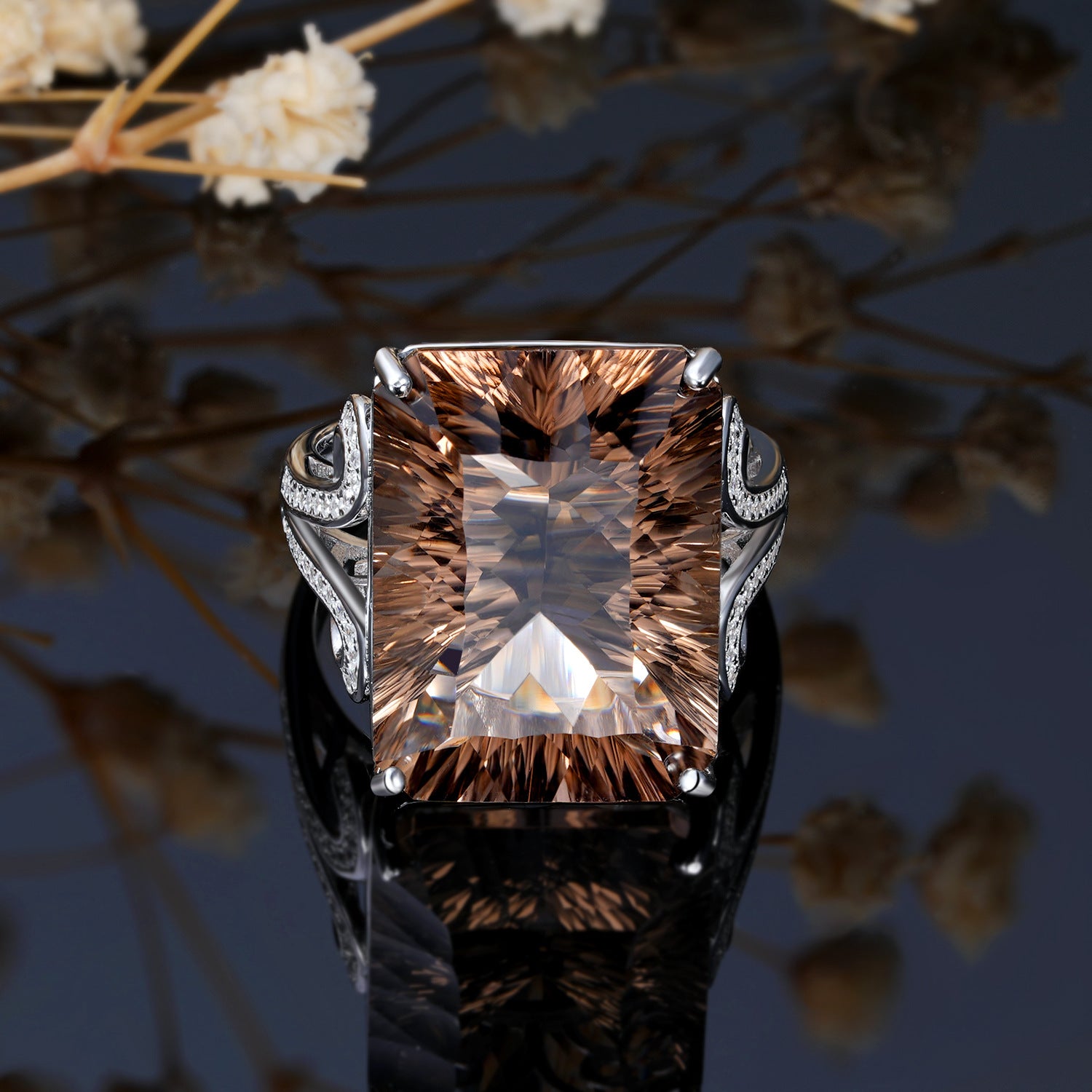 Smoky Reverie – 925 Silver Natural Tea Crystal Geometric Luxury Ring