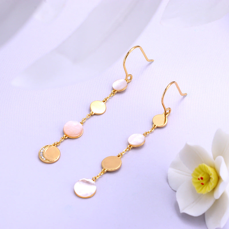 Shell Moon – Sterling Silver White Shell Asymmetric Tassel Luxury Ear Hook Earrings