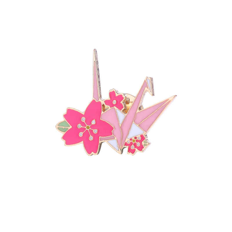 Origami Crane & Cherry Blossom Brooch — Luxury Art Pin