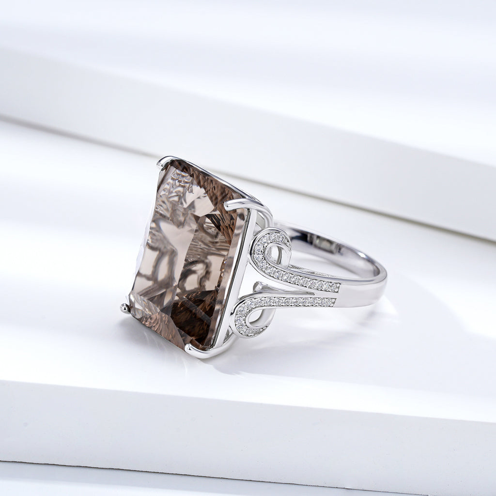 Smoky Reverie – 925 Silver Natural Tea Crystal Geometric Luxury Ring