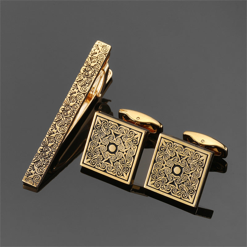 18K Floral Cufflinks & Tie Clip Set — Rose, Crystal & Enamel