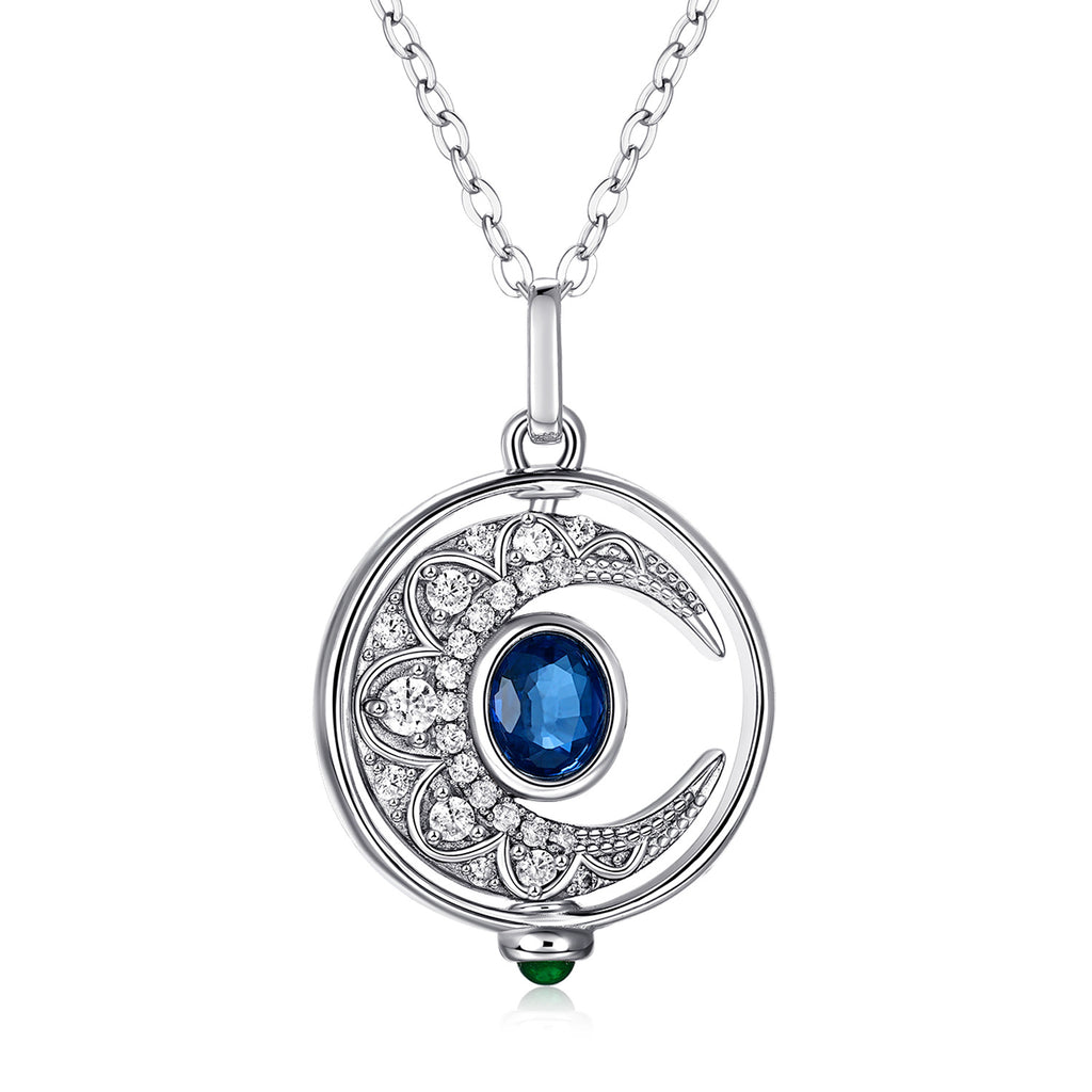 Lunar Sapphire – 925 Silver Platinum Gold Rotating Moon Natural Sapphire Luxury Necklace