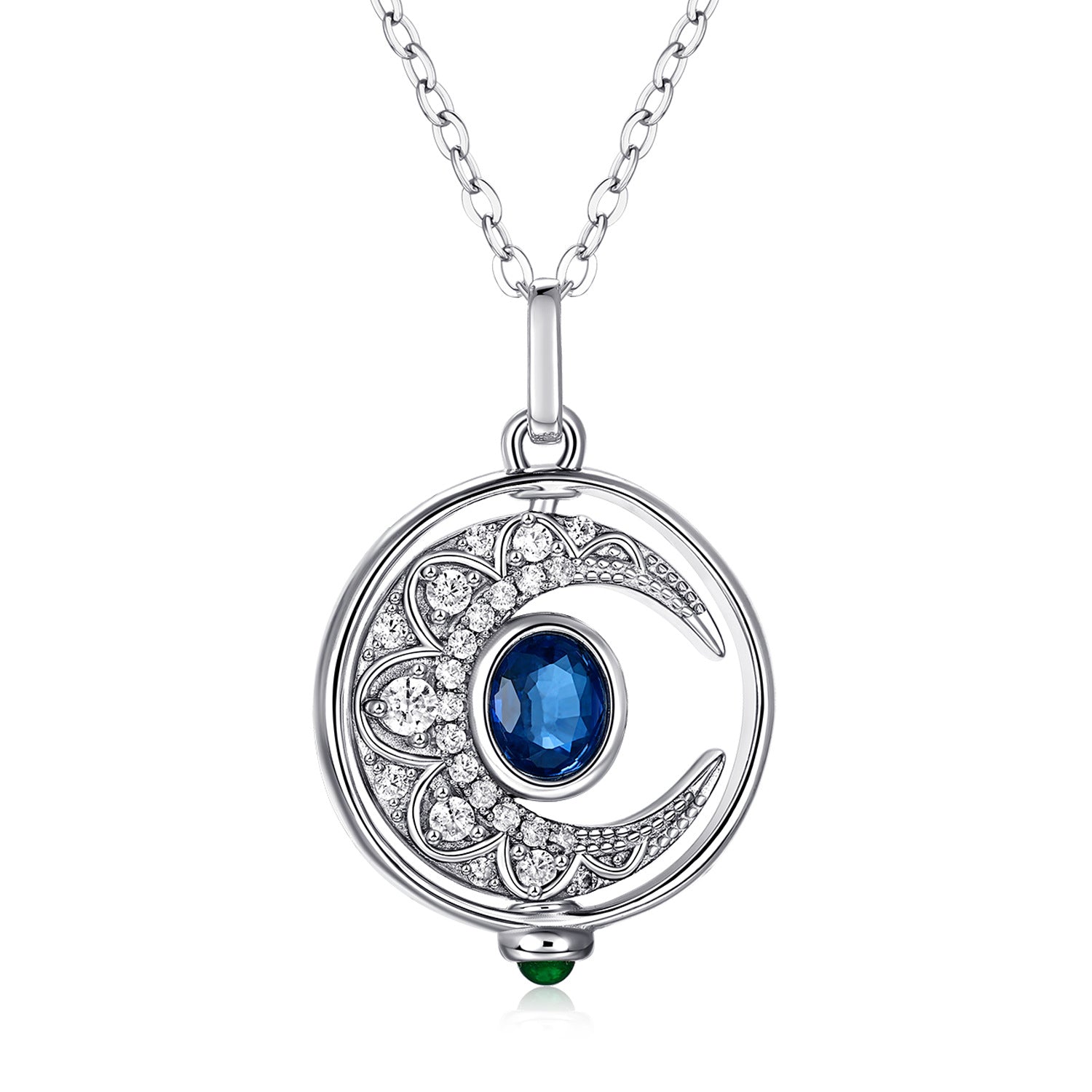 Lunar Sapphire – 925 Silver Platinum Gold Rotating Moon Natural Sapphire Luxury Necklace