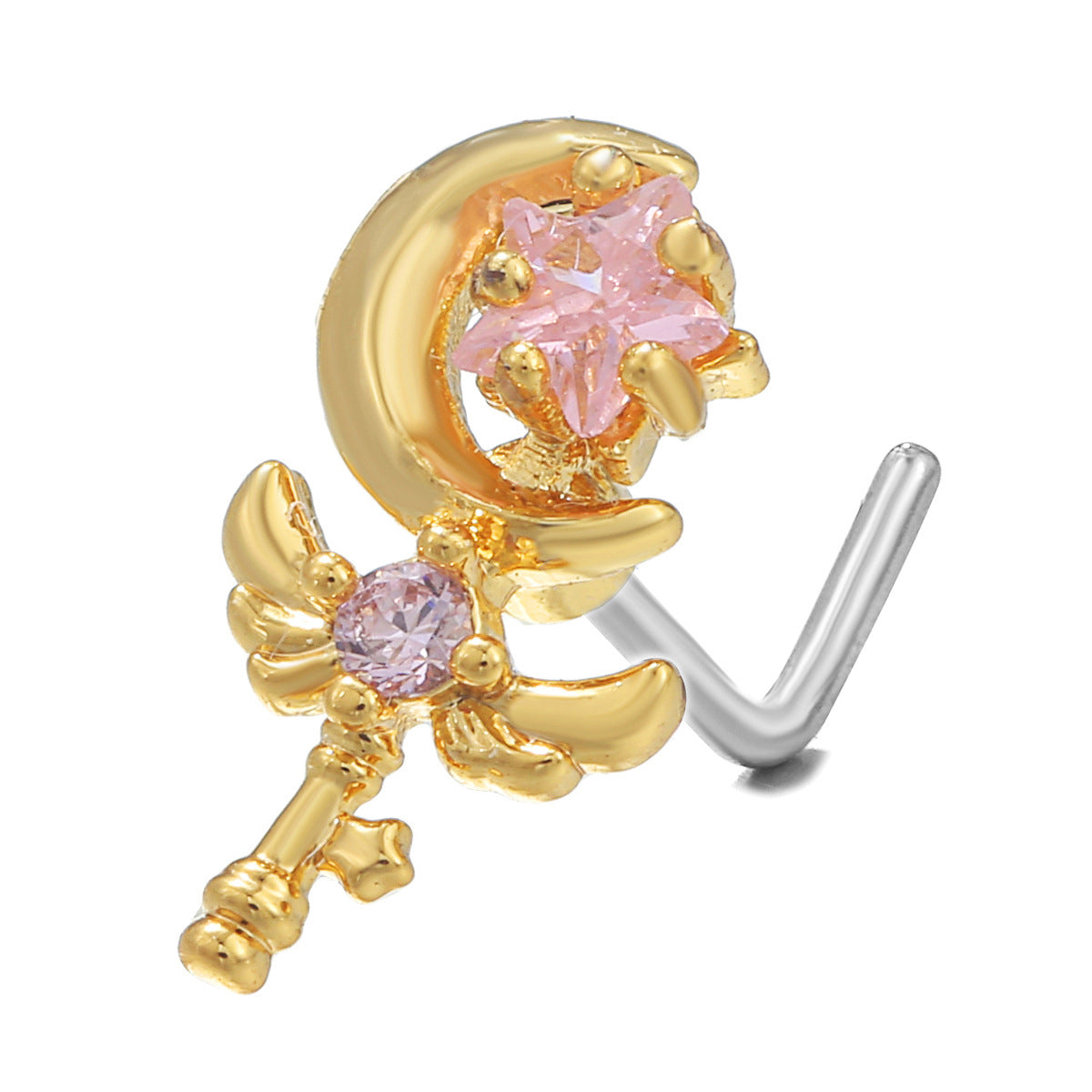 18K Zircon Nose Stud | Luxury Geometric Piercing | Gold, Silver & Pink