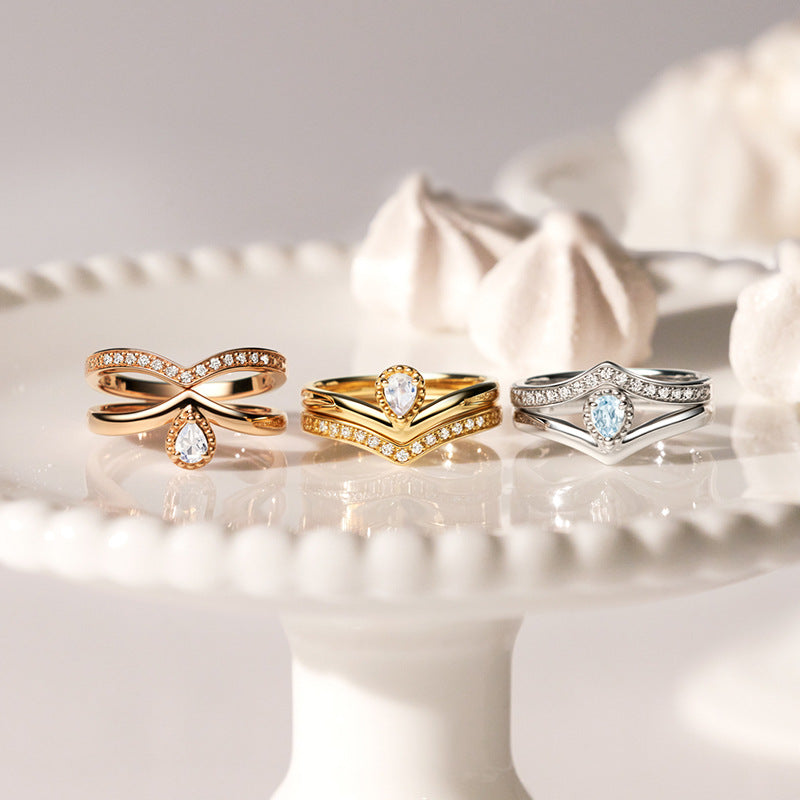 Golden Moonstone V-Shape Drop Ring | S925 Silver & 14K Gold