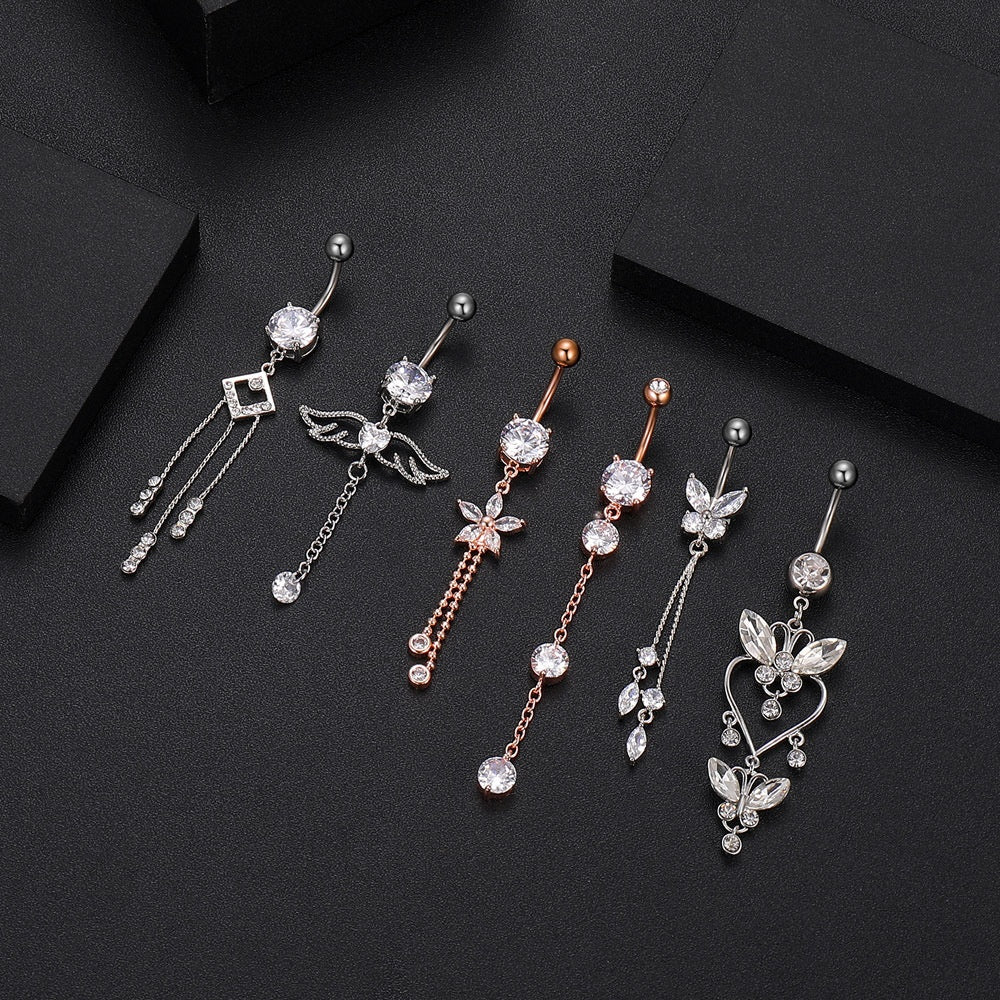 Luxury Zircon Belly Ring | Stainless Steel Navel Stud | Rose Gold, Silver & Gold