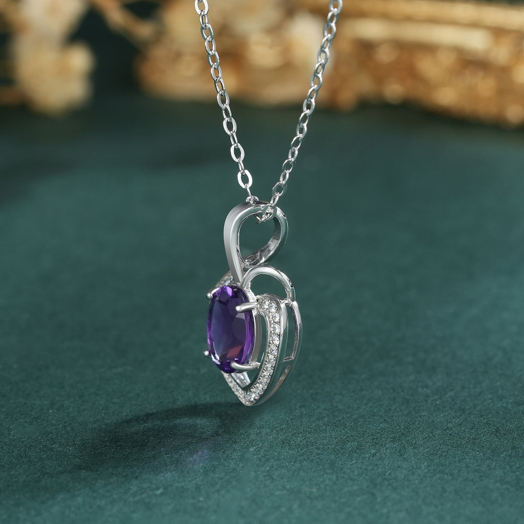 925 Sterling Silver Natural Amethyst Heart Shaped Luxury Pendant Necklace