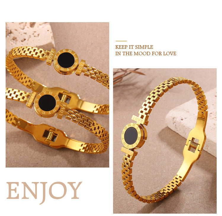 Gold Roman Numeral Black Disc Love Engraved Luxury Bracelet