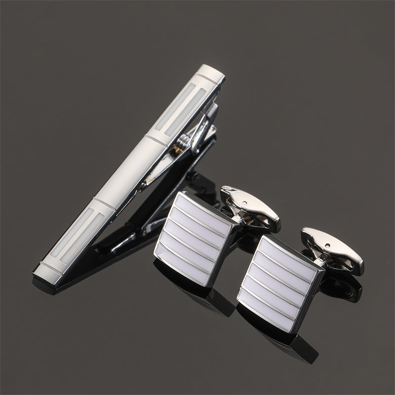 18K Floral Cufflinks & Tie Clip Set — Rose, Crystal & Enamel