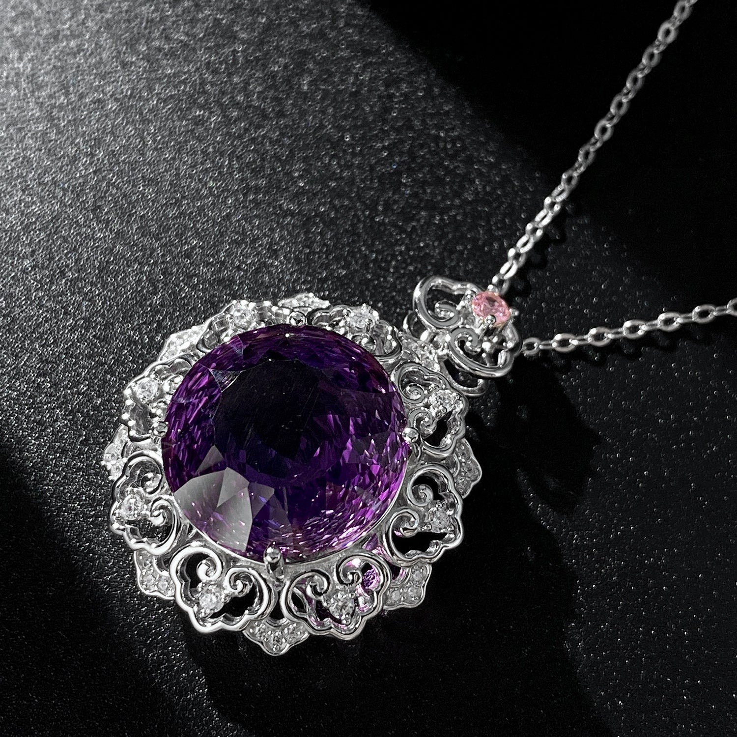 Vintage Geometric Natural Amethyst Crystal 925 Silver O-Chain Luxury Necklace