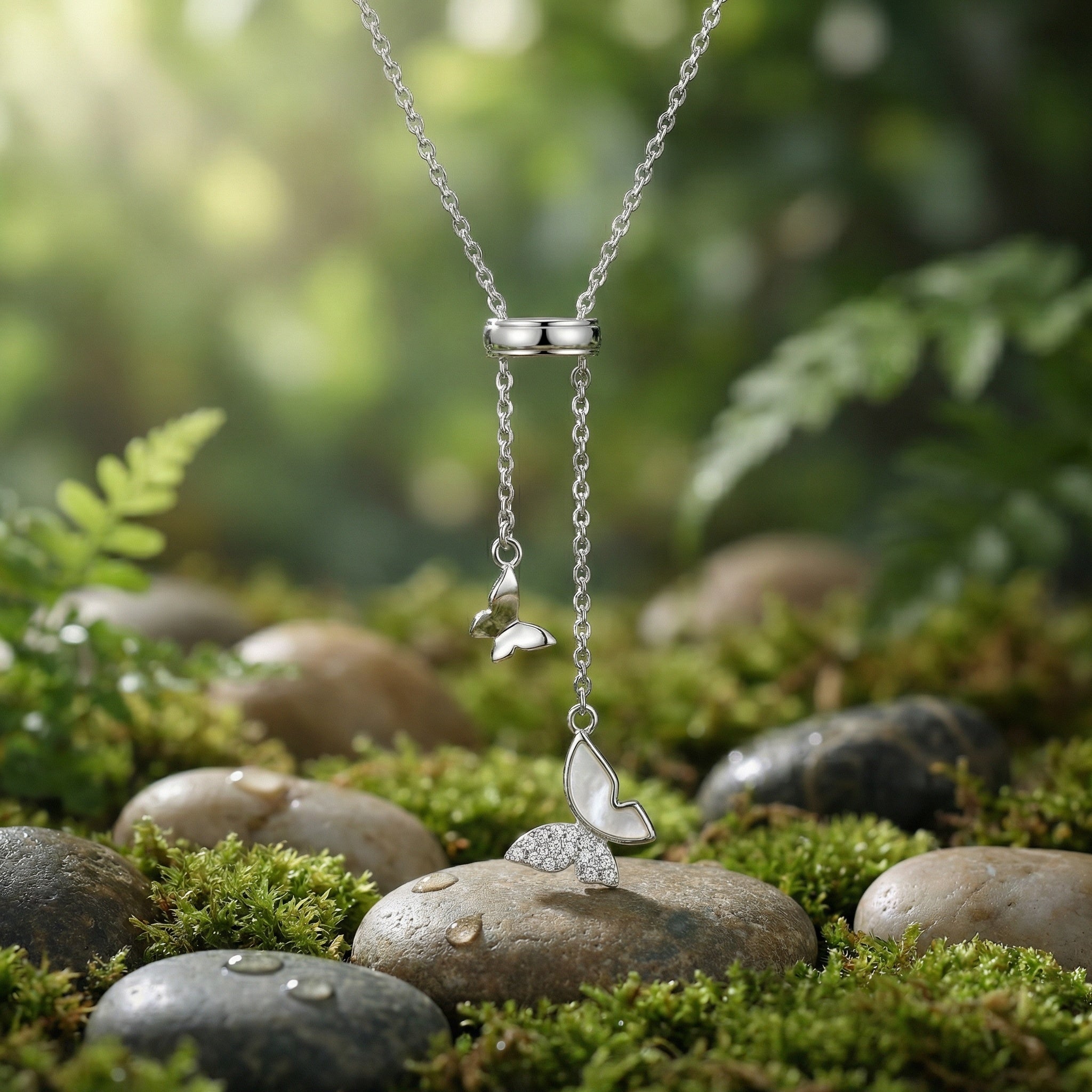 Butterfly Lariat Necklace | S925 Sterling Silver | Mother-of-Pearl & Pavé