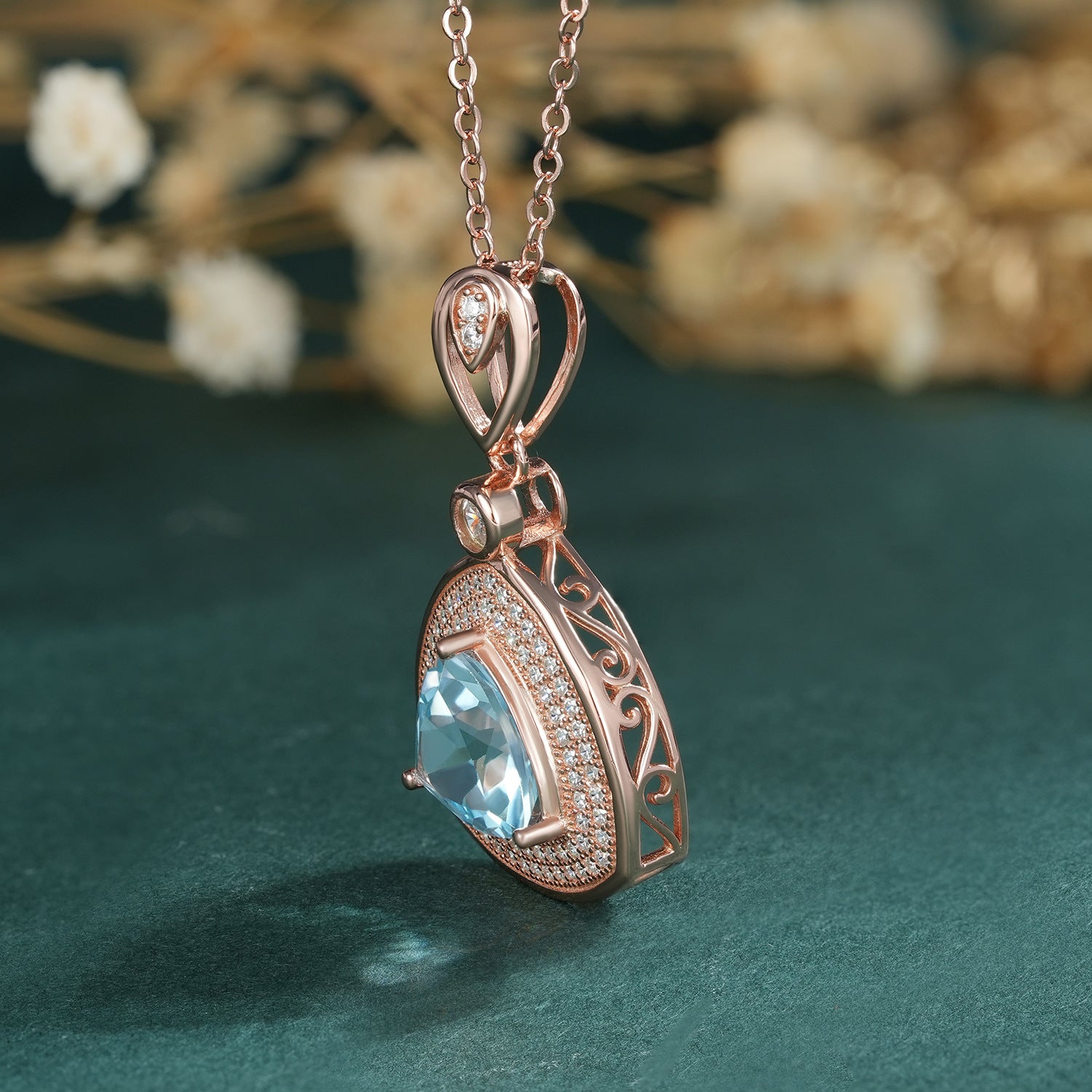 Natural Blue Topaz Geometric Triangle 925 Sterling Silver Luxury Necklace