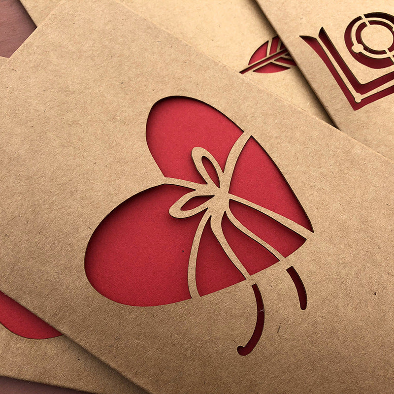 Vintage Kraft Paper Laser-Cut Love Greeting Card — Hollow Floral Design