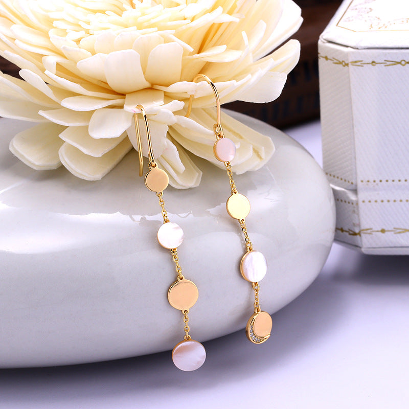 Shell Moon – Sterling Silver White Shell Asymmetric Tassel Luxury Ear Hook Earrings