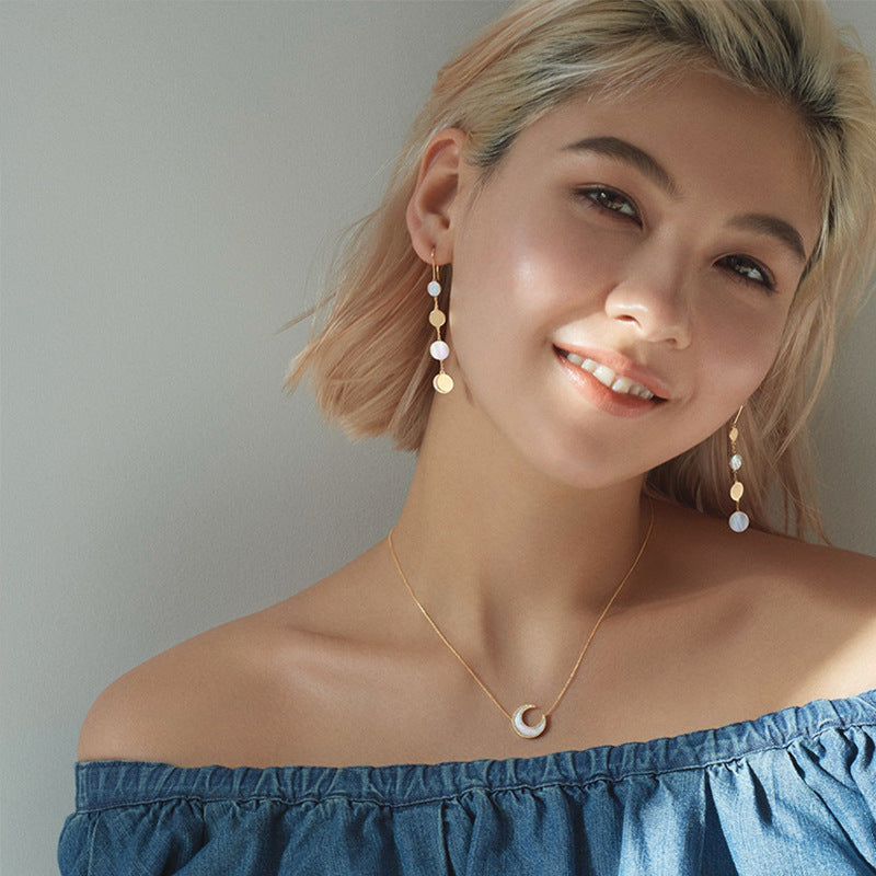 Shell Moon – Sterling Silver White Shell Asymmetric Tassel Luxury Ear Hook Earrings