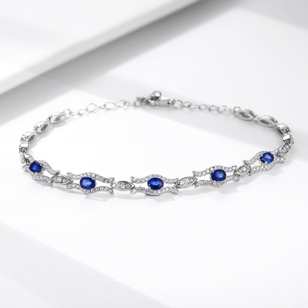 Natural Sapphire Geometric 925 Sterling Silver Platinum Gold Luxury Bracelet