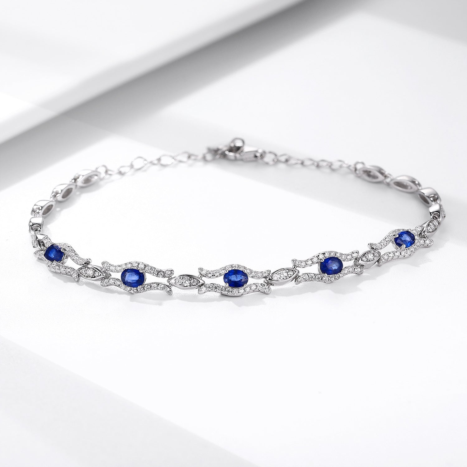 Natural Sapphire Geometric 925 Sterling Silver Platinum Gold Luxury Bracelet