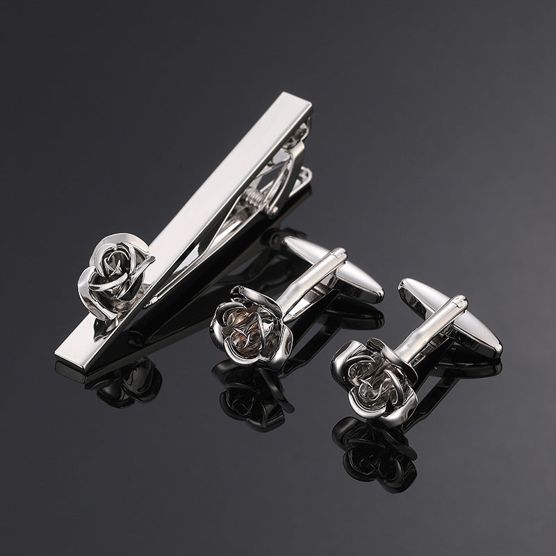 18K Floral Cufflinks & Tie Clip Set — Rose, Crystal & Enamel