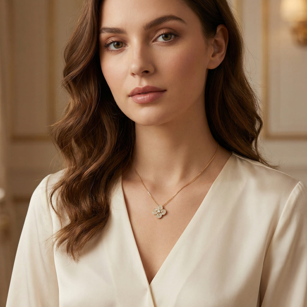 Four-Leaf Clover Pendant Necklace | S925 Sterling Silver | Diamond Pavé