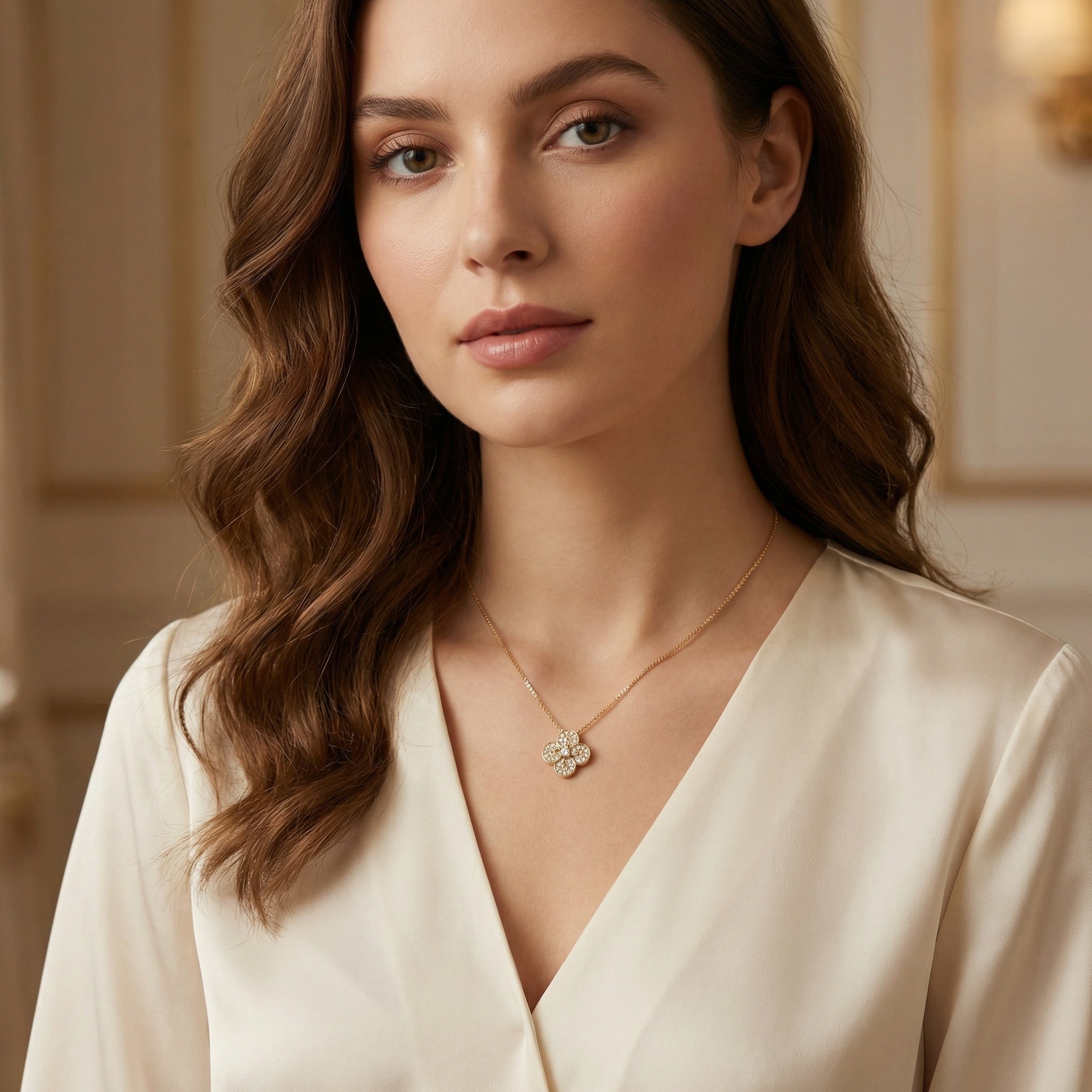 Four-Leaf Clover Pendant Necklace | S925 Sterling Silver | Diamond Pavé