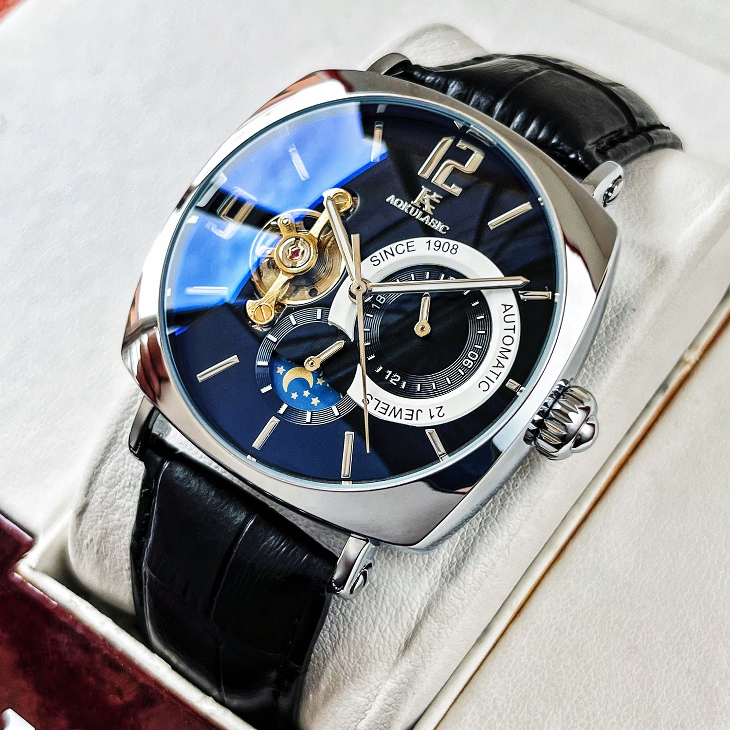 Square Automatic Mechanical Watch – Men's Luxury Wristwatch | Rose Gold & Silver