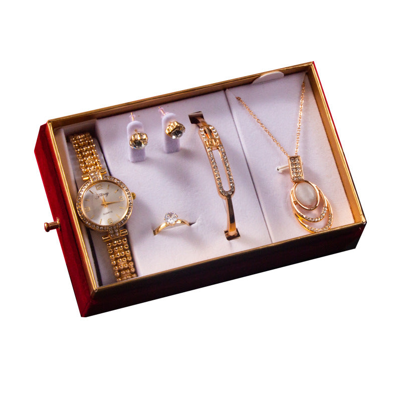 5-Piece Luxury Jewelry Set – Watch, Bracelet, Necklace, Earrings & Ring Gift Box