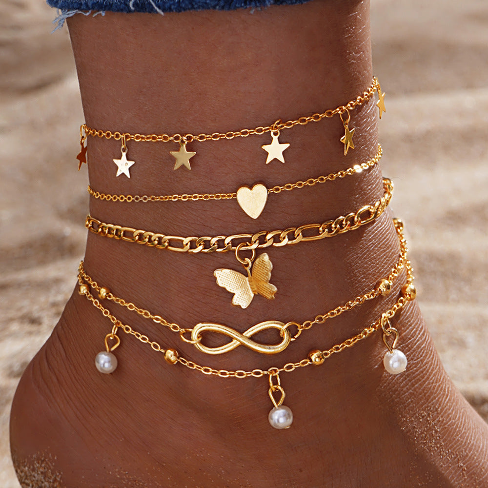 Luxury Butterfly & Pearl Anklet Set | 4-Piece Multi-Layer | Women's Jewellery
