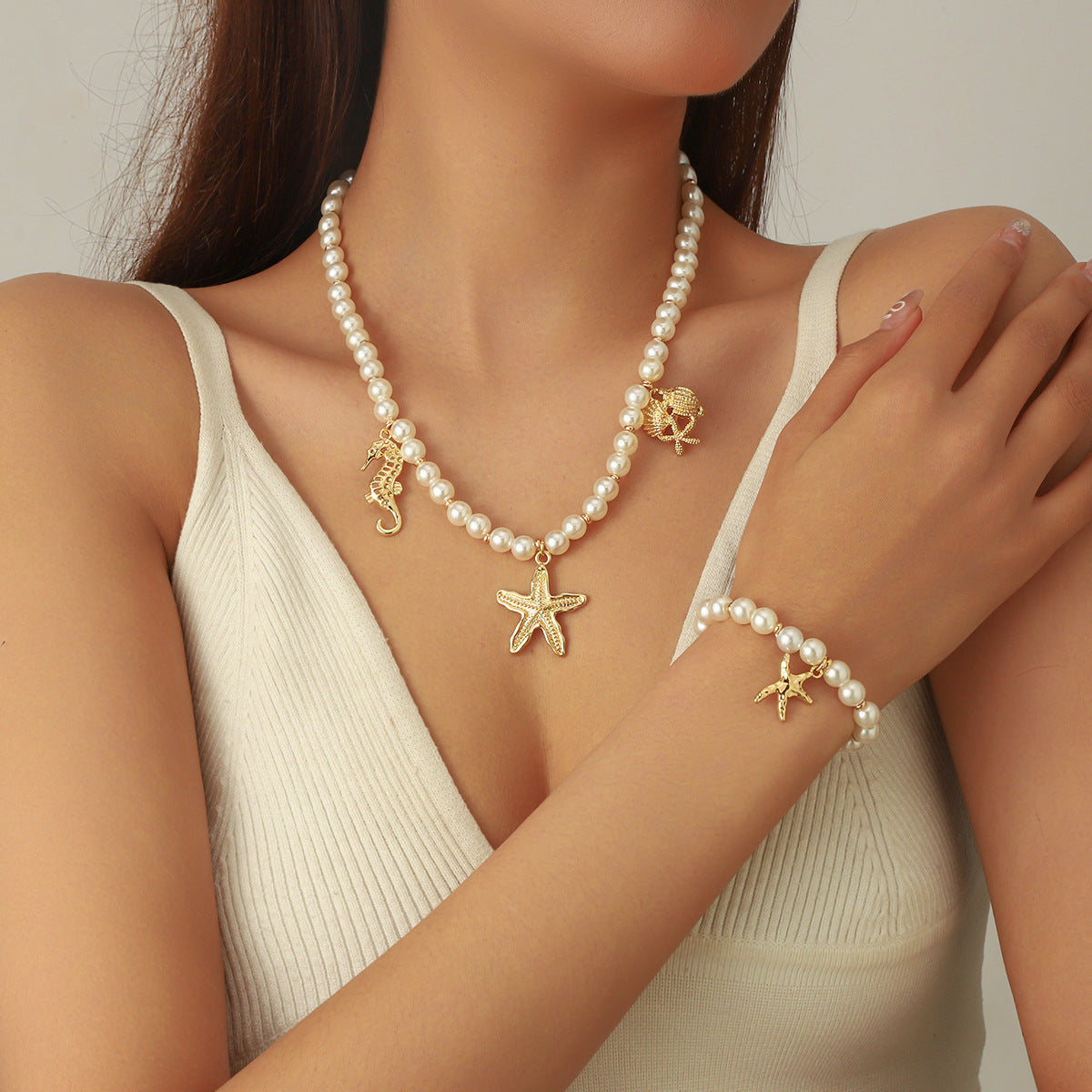Pearl Chain Shell Necklace & Starfish Bracelet Set | Luxury Ocean-Inspired Jewelry