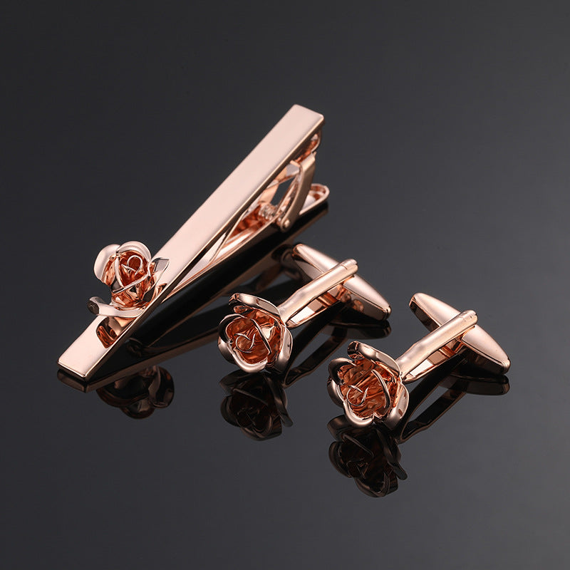 18K Floral Cufflinks & Tie Clip Set — Rose, Crystal & Enamel