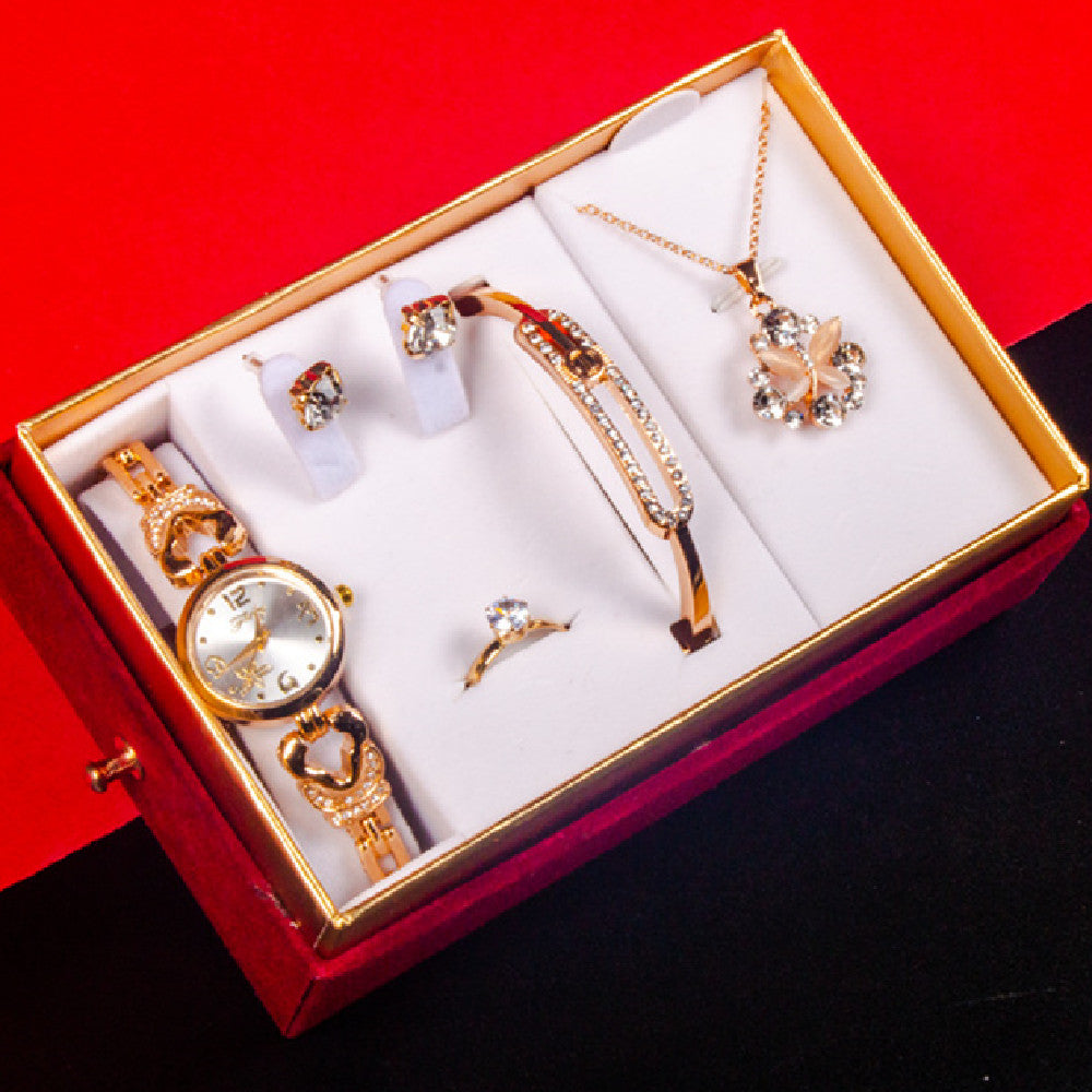 5-Piece Luxury Jewelry Set – Watch, Bracelet, Necklace, Earrings & Ring Gift Box