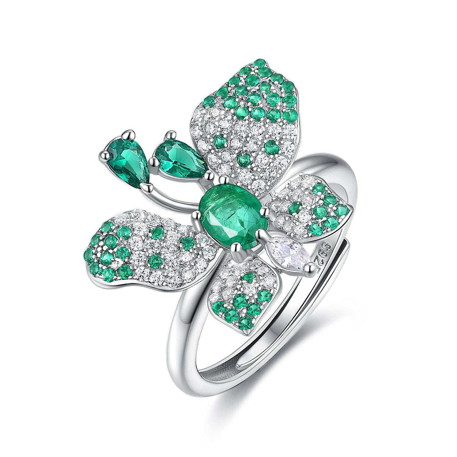 925 Silver Natural Emerald Butterfly Adjustable Luxury Ring Platinum Finish