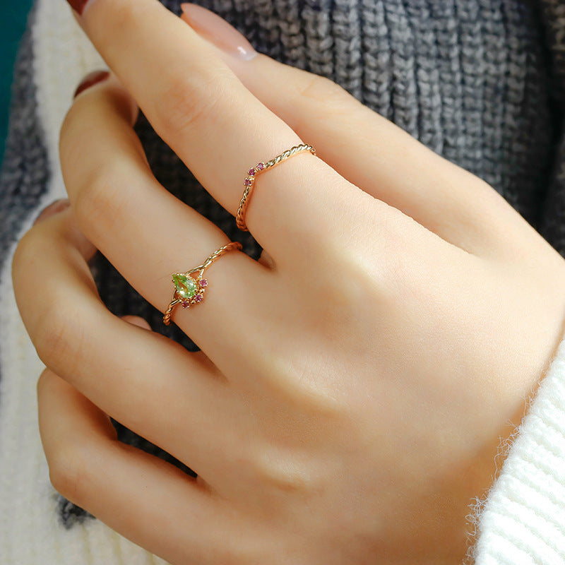 Peridot Natural Gemstone Silver Ring | Japanese Retro Luxury