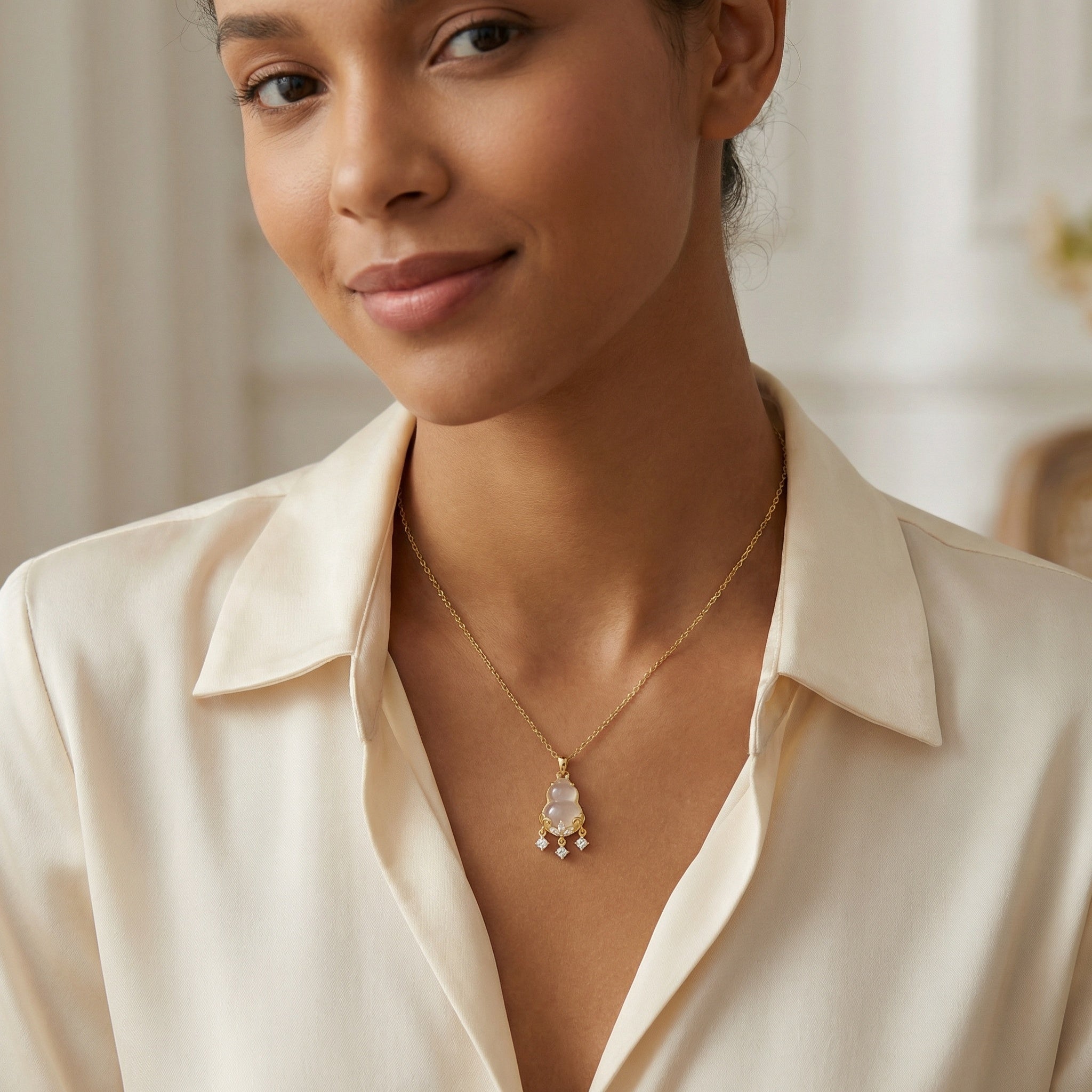 The Fortune Pendant — White Chalcedony Wu Lou | Gold-Tone S925