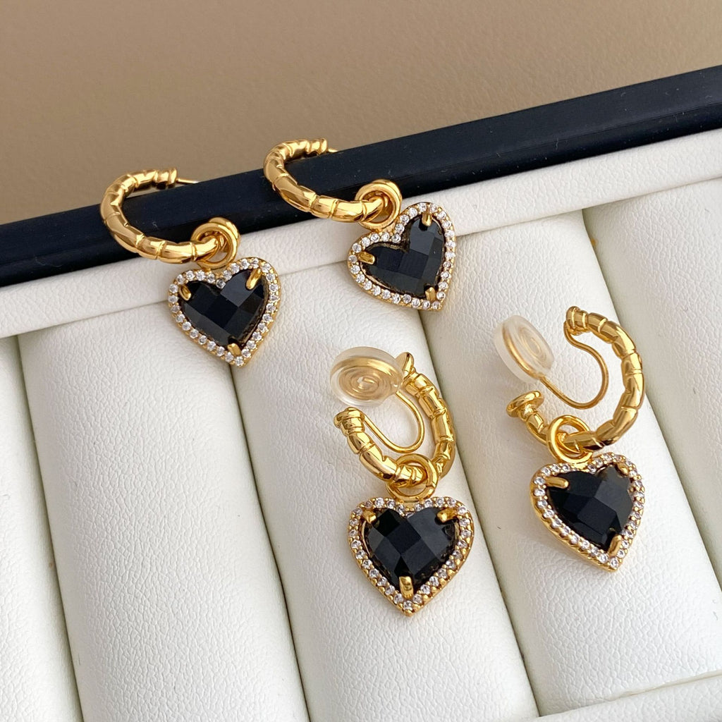 Zircon Heart Earrings | C-Shaped Luxury Ear Clips & Studs for Women