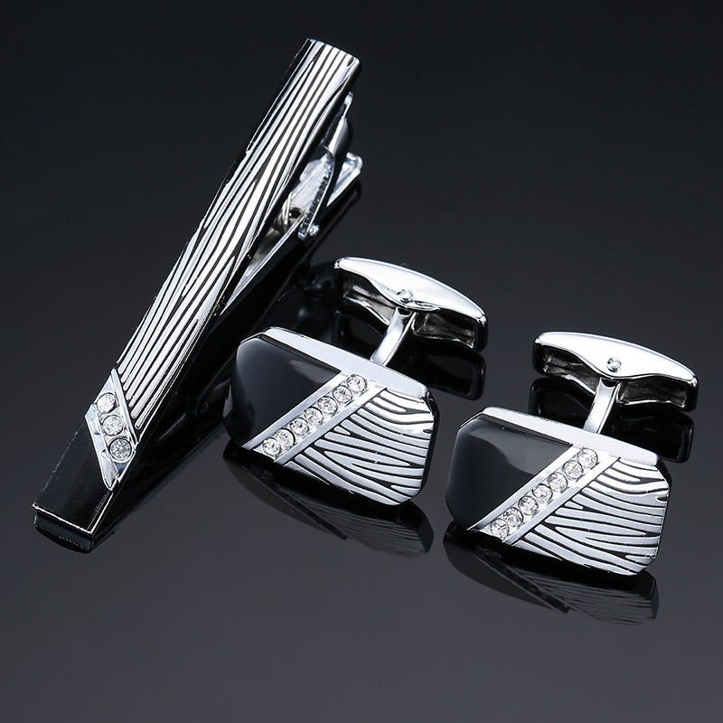 18K Floral Cufflinks & Tie Clip Set — Rose, Crystal & Enamel