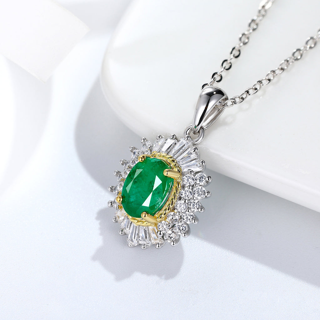 Vivid Natural Emerald 5x7mm Floral Pendant 925 Sterling Silver Luxury Necklace