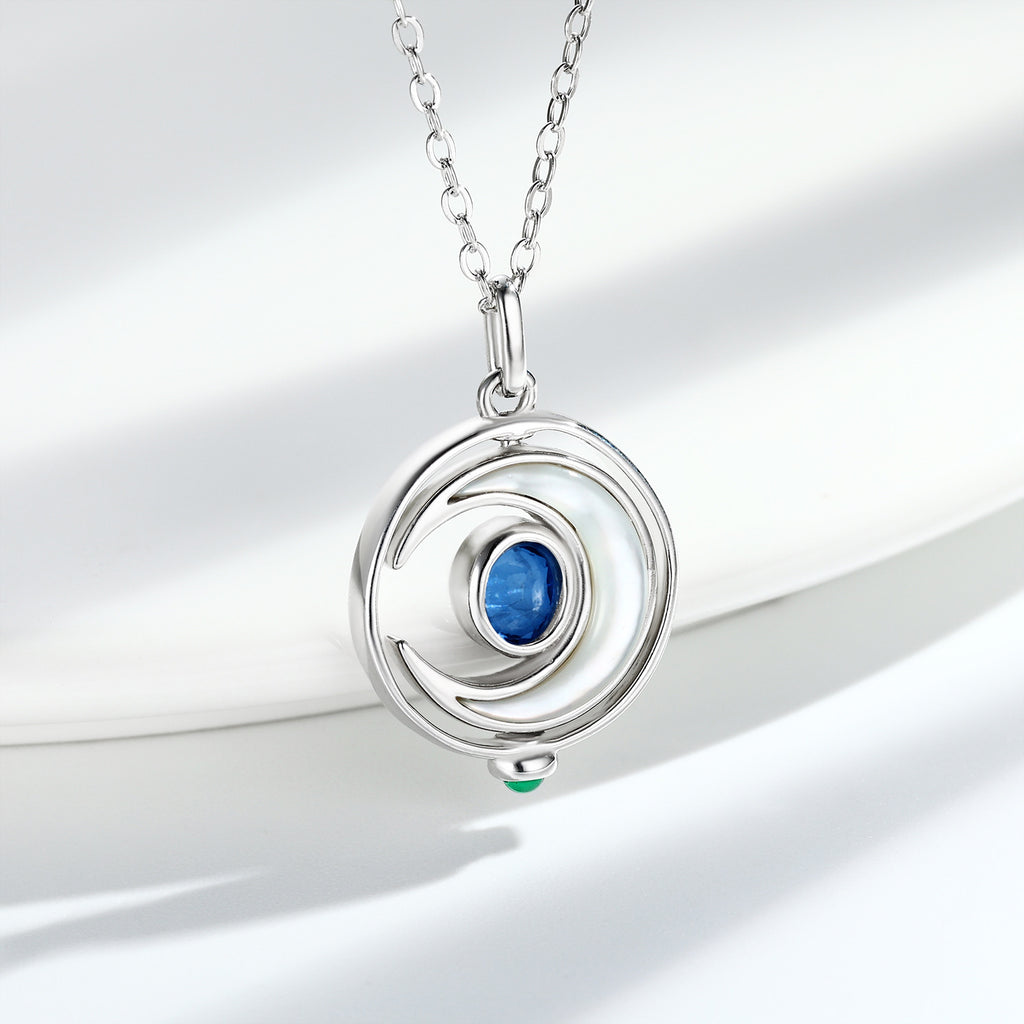 Lunar Sapphire – 925 Silver Platinum Gold Rotating Moon Natural Sapphire Luxury Necklace