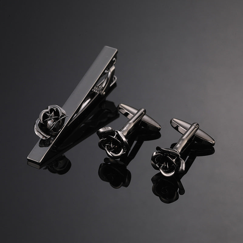 18K Floral Cufflinks & Tie Clip Set — Rose, Crystal & Enamel