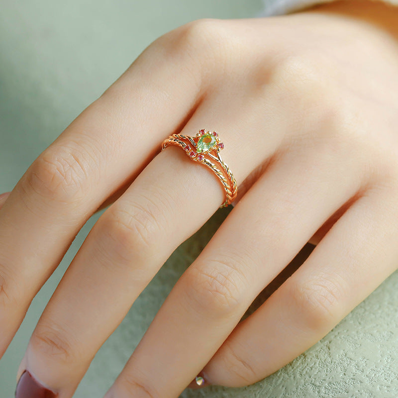 Peridot Natural Gemstone Silver Ring | Japanese Retro Luxury