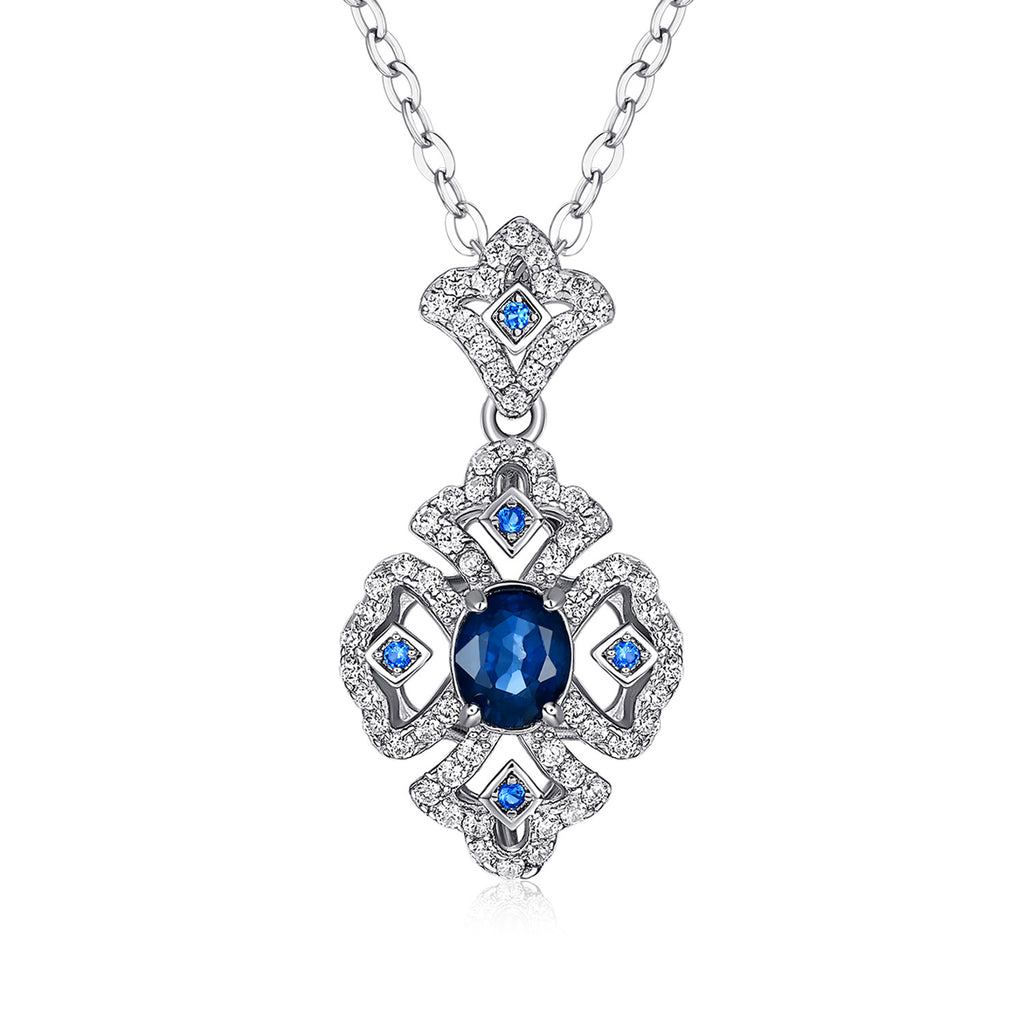 Natural Sapphire Retro Geometric Pendant 925 Silver Platinum Gold Luxury Necklace