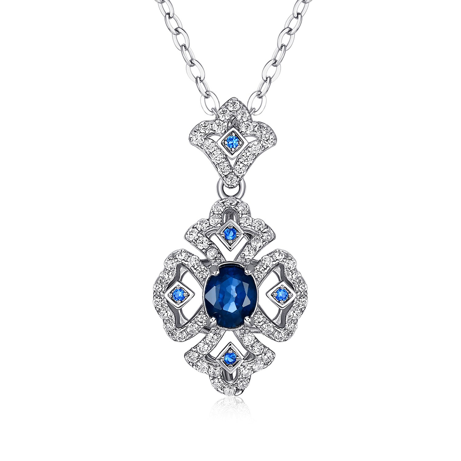 Natural Sapphire Retro Geometric Pendant 925 Silver Platinum Gold Luxury Necklace
